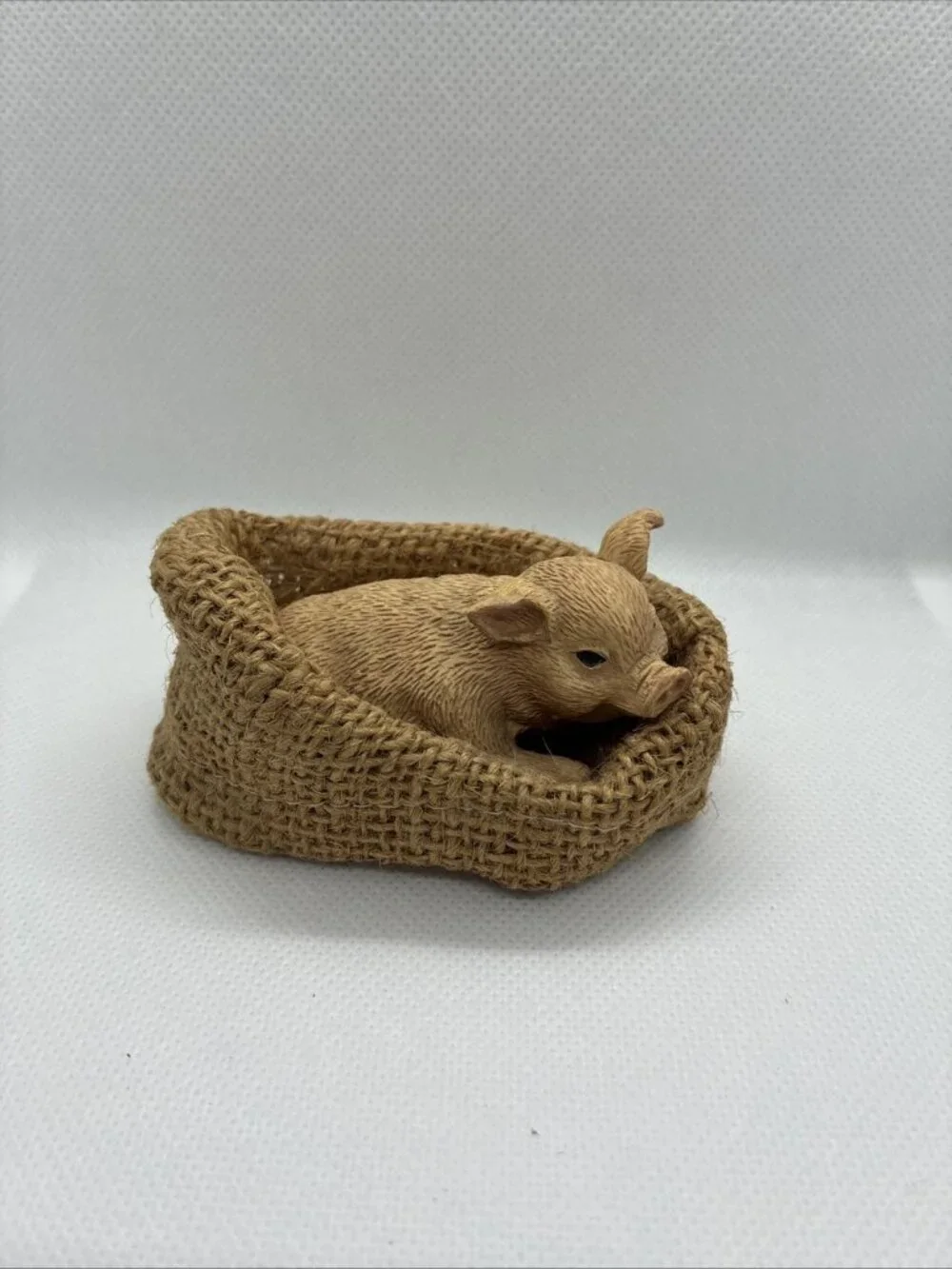 Resin Piglet in Burlap Basket Farmhouse Country Decor Figurine Pig Sculpture